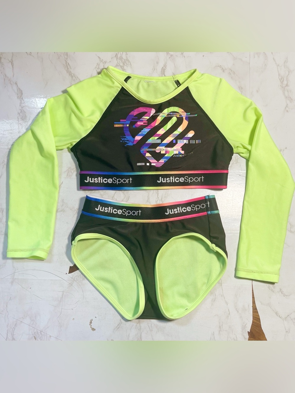 Justice Sport Girls XS Neon Long Sleeve Two Piece Swimsuit